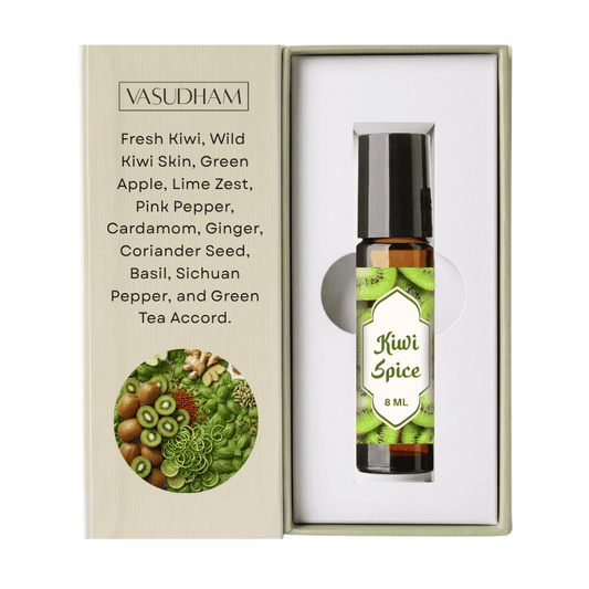 Bottle of Kiwi Spice Roll-On Perfume by Vasudham with a Beinge Box