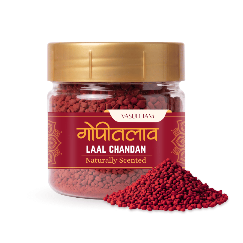 Jar with yellow lid of vasudham label with red chandan tilak inside with text naturally scented