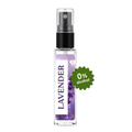 A clear glass perfume or body spray bottle labeled 'LAVENDER' with a black pump, shown on a white background with a green '0% alcohol' badge.
