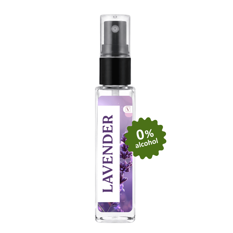 A clear glass perfume or body spray bottle labeled 'LAVENDER' with a black pump, shown on a white background with a green '0% alcohol' badge.