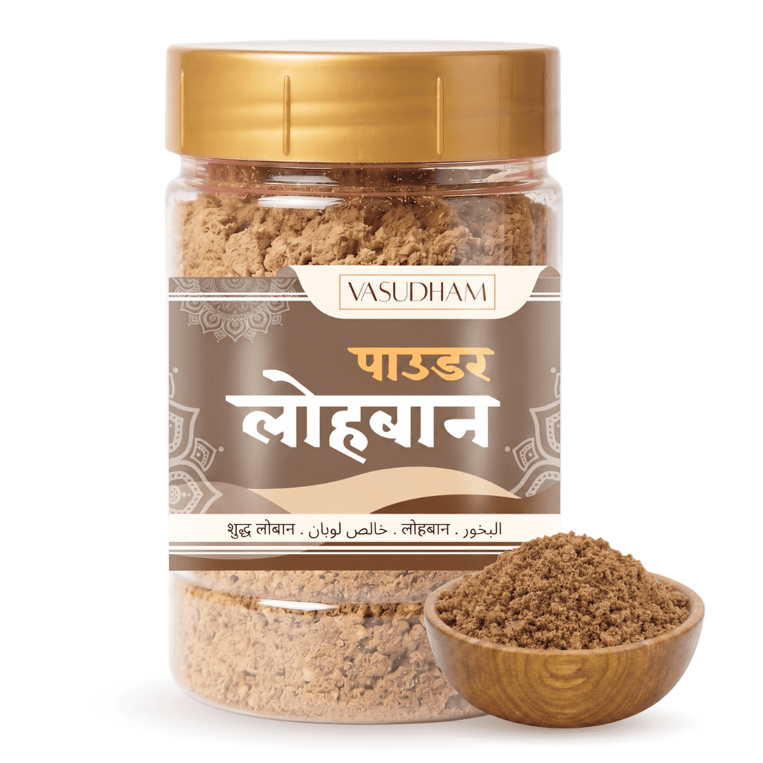 A clear plastic jar of Vasudham Loban powder with a gold lid and brown label, shown alongside a small wooden bowl filled with the brown powder on a white background.