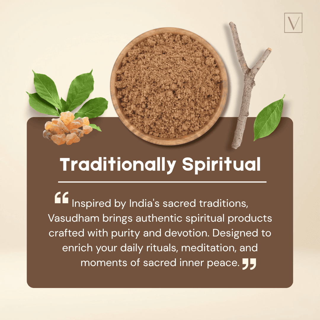 A promotional graphic for Vasudham featuring a bowl of brown powder, green leaves, a small orange flower, and a branch on a beige background with a dark brown text panel that reads 'Traditionally Spiritual' and includes a quote about spiritual products.