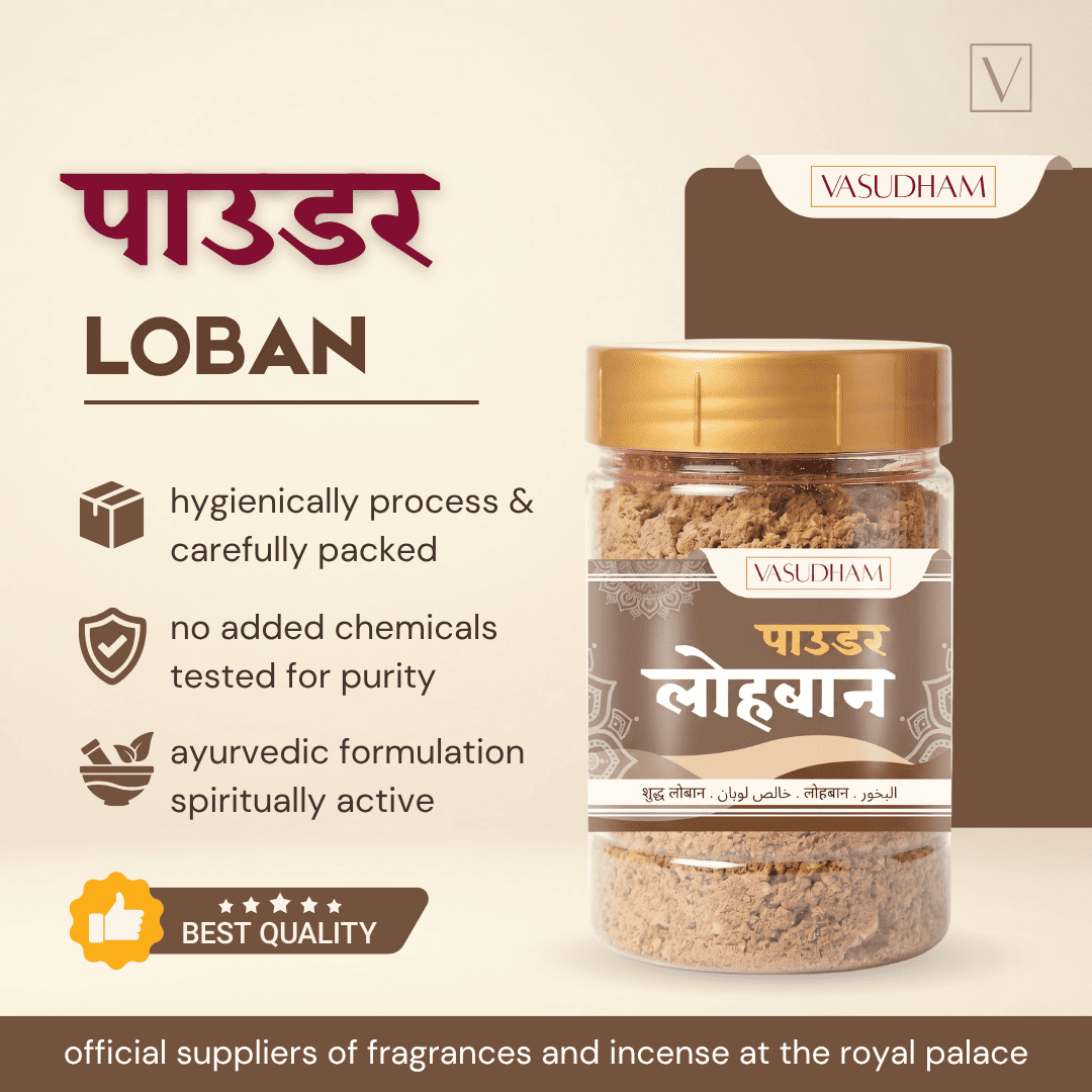 A jar of Vasudham Loban incense powder on a beige promotional background with Hindi text, product benefits, and a gold lid. The jar contains light brown powder and has a brown label with white and gold text.