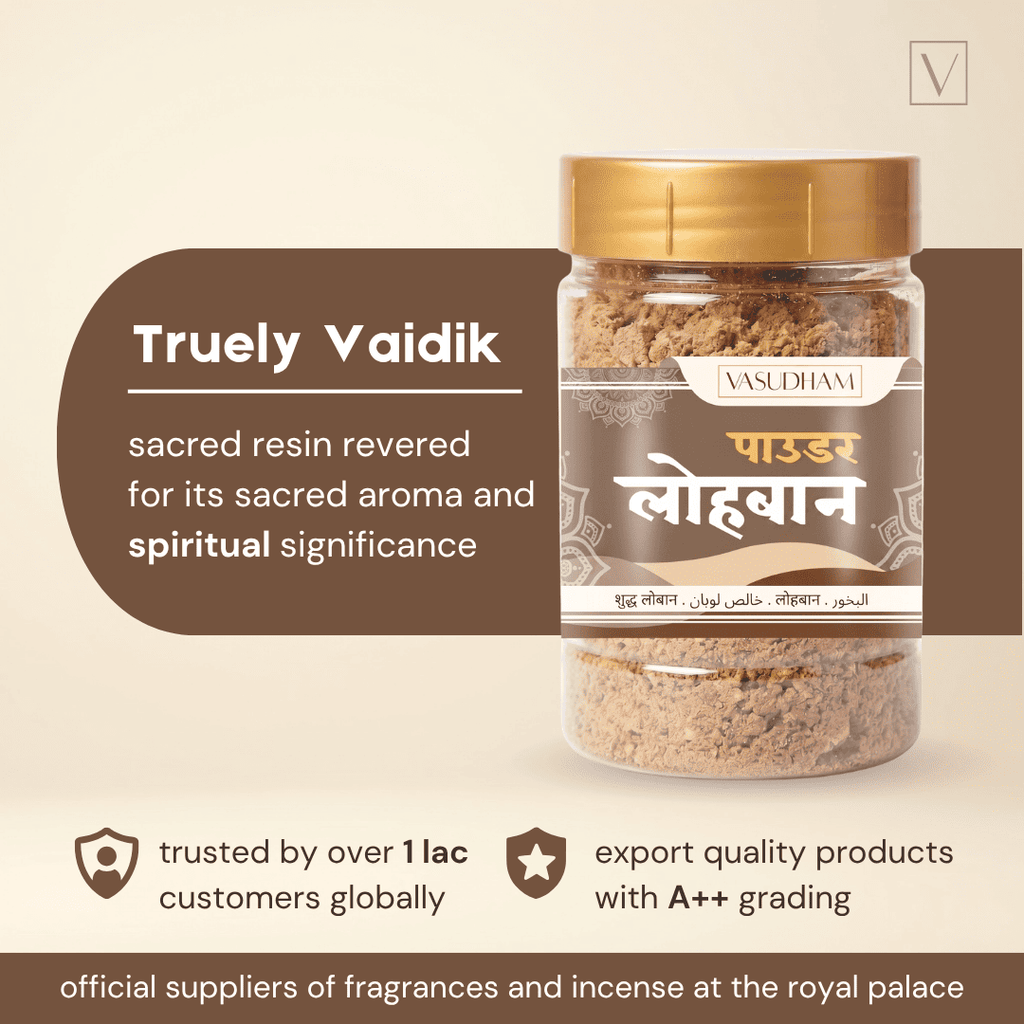 A jar of VASUDHANI Truely Vaidik incense sticks (Paudra Lobhayan) on a beige background with promotional text overlays.