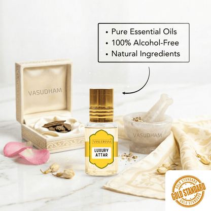 A bottle of Vasudham Luxury Attar essential oil is displayed on a marble surface with its open presentation box, a mortar and pestle, and pink flower petals. A text bubble highlights key product features, and a 'Gold Standard' badge is in the bottom right corner.