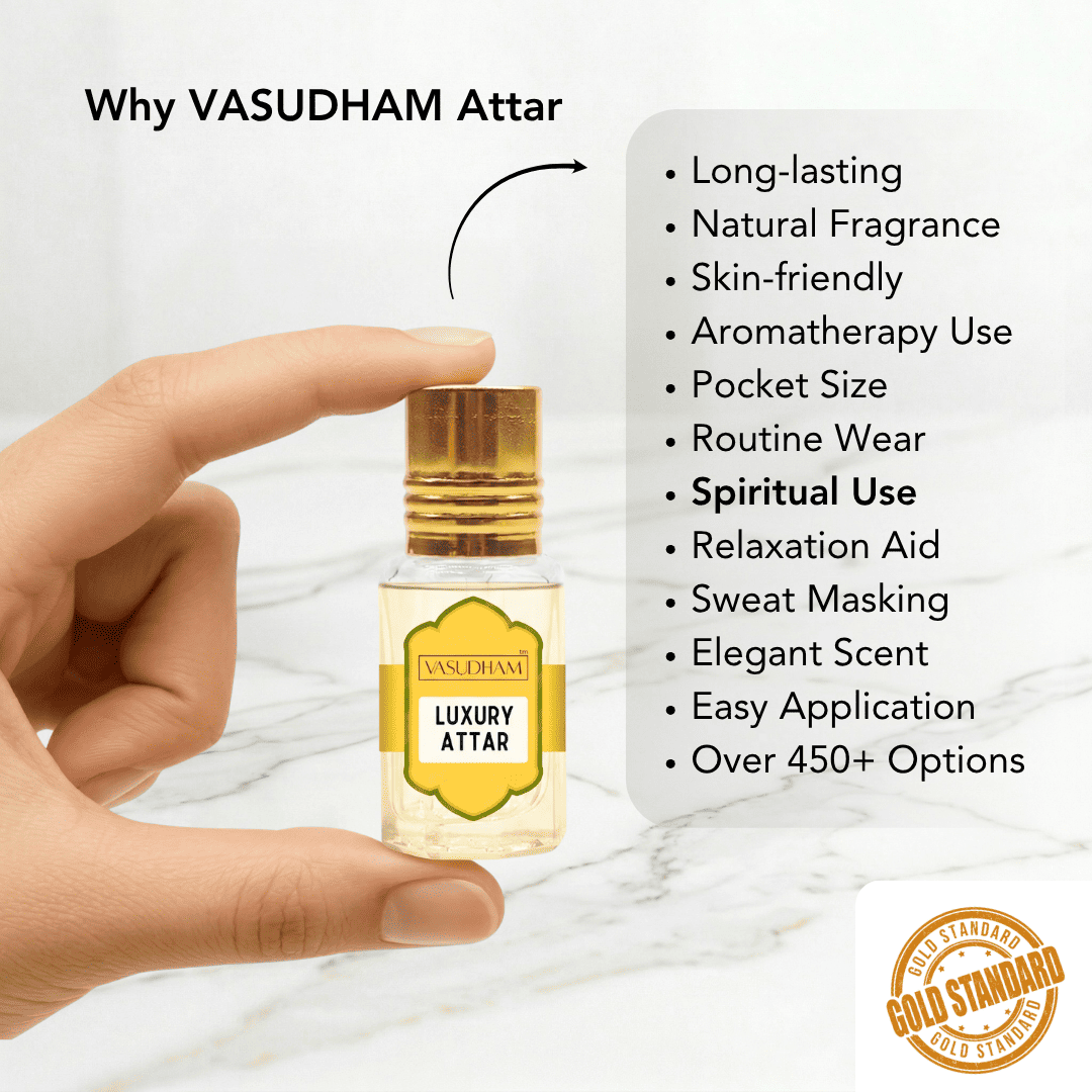 A hand holds a small glass bottle of VASUDHAM Luxury Attar with a gold cap against a light marble background, next to a text panel listing benefits of VASUDHAM Attar.