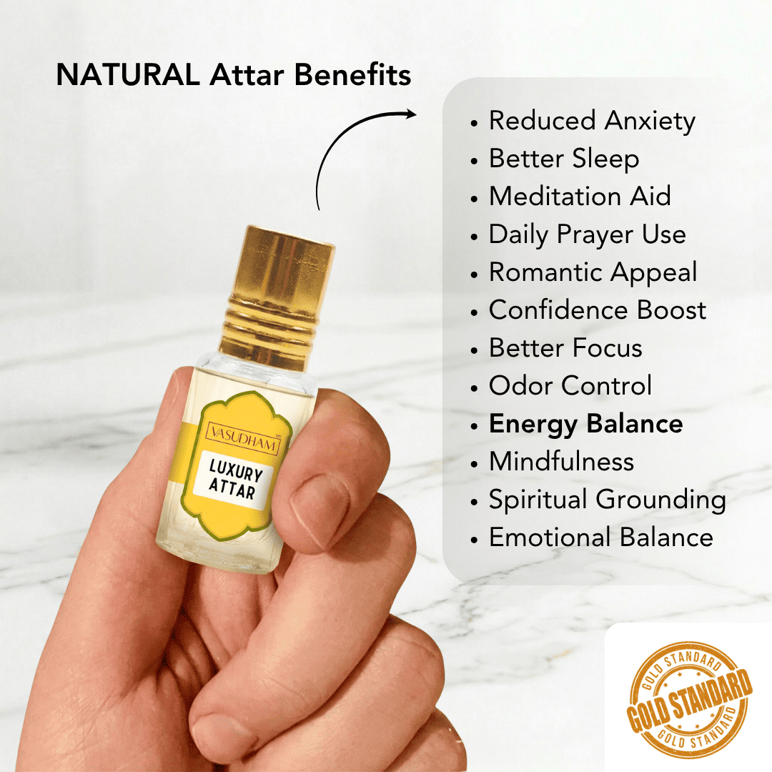 A hand holds a small glass bottle of Luxury Attar perfume with a gold cap and cream-colored label. The image includes text overlays detailing the benefits of Natural Attar and a gold seal at the bottom right.