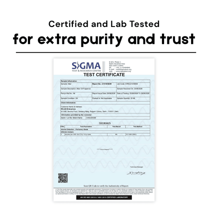 A Sigma test certificate document shown on a white background with the headline 'Certified and Lab Tested for extra purity and trust' above it.