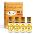 Four small perfume bottles labeled Red Rose, Rose Gulabari, Kashmiri Gulab, and English Rose, displayed in front of their orange and gold Vasudham Attar Gold Standard box on a white background.