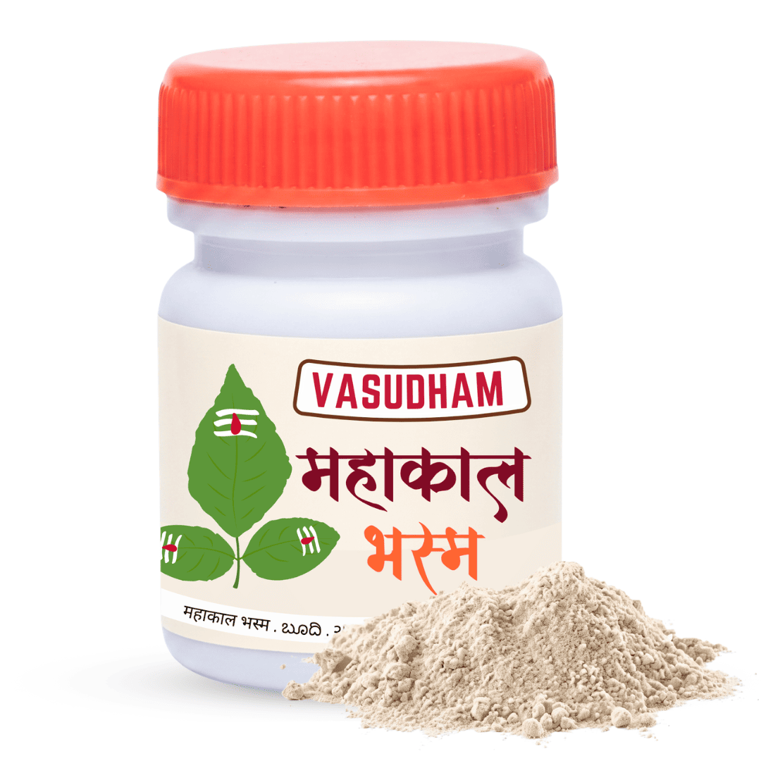 A white plastic bottle of Vasudham Mahakal Bhasma powder with a bright orange-red cap, shown with a small pile of the light beige powder in front on a white background.