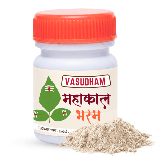 A white plastic bottle of Vasudham Mahakal Bhasma powder with a bright orange-red cap, shown with a small pile of the light beige powder in front on a white background.