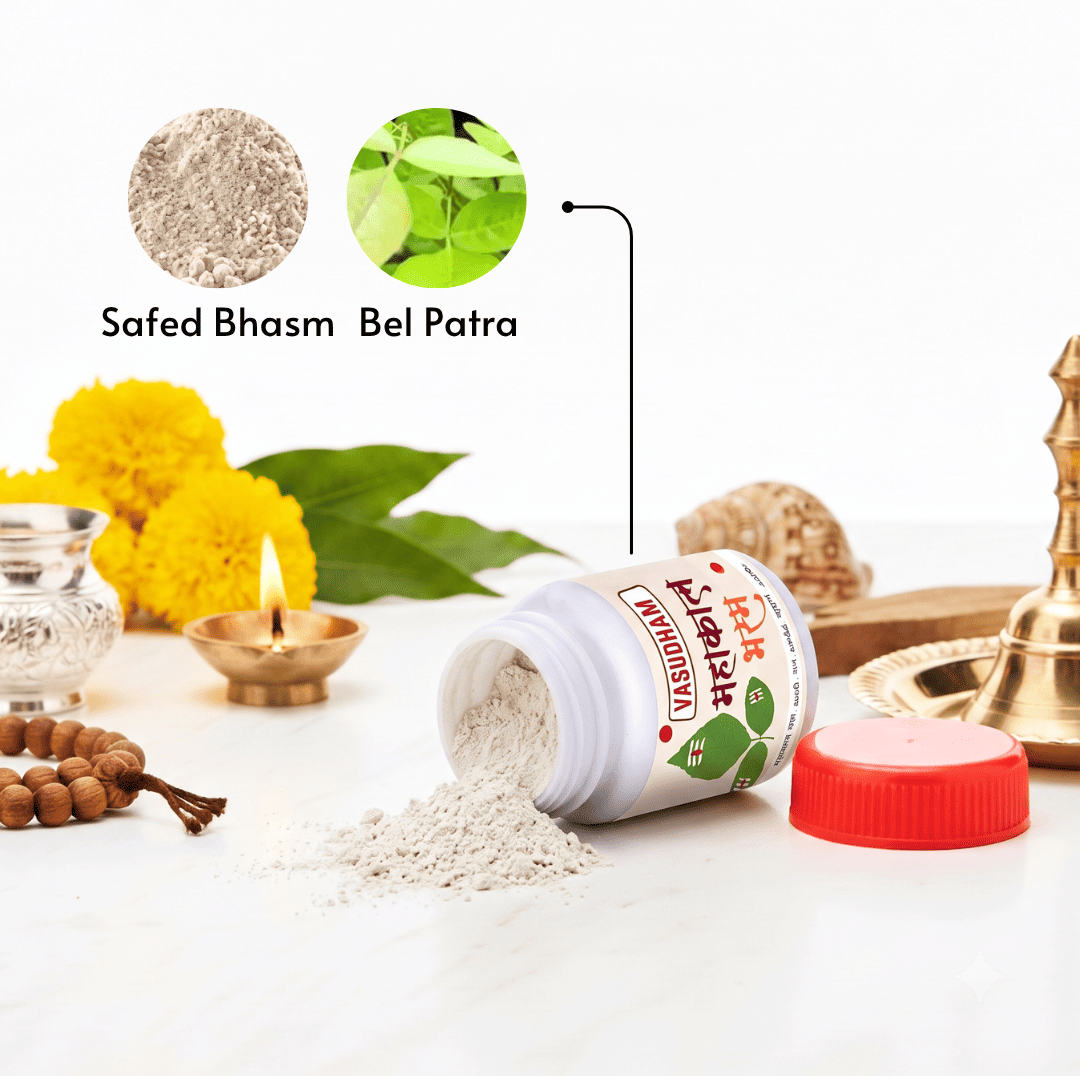 A white plastic jar of Kashi Safed Bhasm Bel Patra lies on its side with a red cap removed, showing a fine white powder spilled out. The label includes the brand name Kashubian and product name Safed Bhasm Bel Patra.