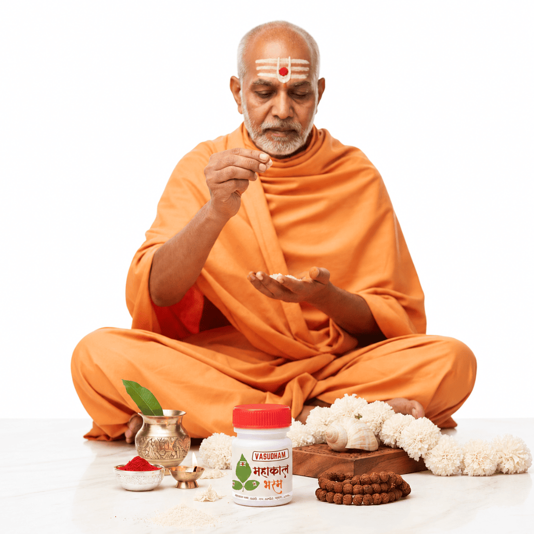 An elderly man in an orange saffron robe sits cross-legged on a white studio floor, holding a small object in his hands. In front of him are devotional items including a white jar labeled 'Vaidya' with a red lid, a brass pot with a green leaf, white marigold flowers, and brown beads.