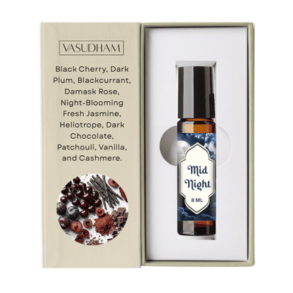 Vasudham Mid Night Roll-On Perfume Bottle with a Beinge Box and Fragrance Notes Text