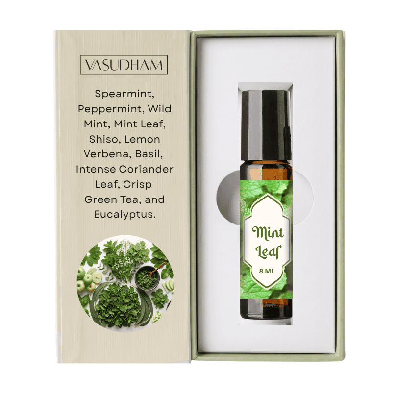 Vasudham Mint Leaf Roll-On Perfume Bottle with Text on Beinge Box
