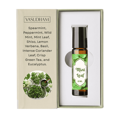 Vasudham Mint Leaf Roll-On Perfume Bottle with Text on Beinge Box