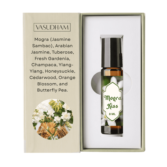Vasudham Mogra Roll-On Perfume Bottle Amber Color with Text on Left