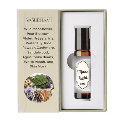 Vasudham Moon Light Roll-On Perfume Amber Bottlw with text Written on Left of Box
