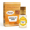 Vasudham Attar Gold Standard Mukhallat Super perfume bottle with a gold cap next to its orange and gold packaging box on a white background.
