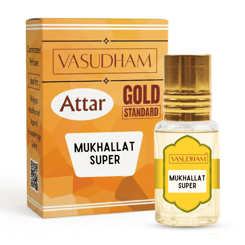 Vasudham Attar Gold Standard Mukhallat Super perfume bottle with a gold cap next to its orange and gold packaging box on a white background.