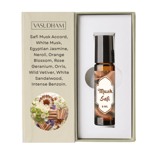 Vasudham Roll-On Perfume Bottle of Musk Safi with a Box and Fragrance Text