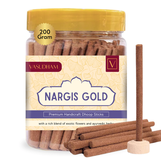 Jar of Vasudham Nargis Gold incense sticks with a yellow lid on a white background
