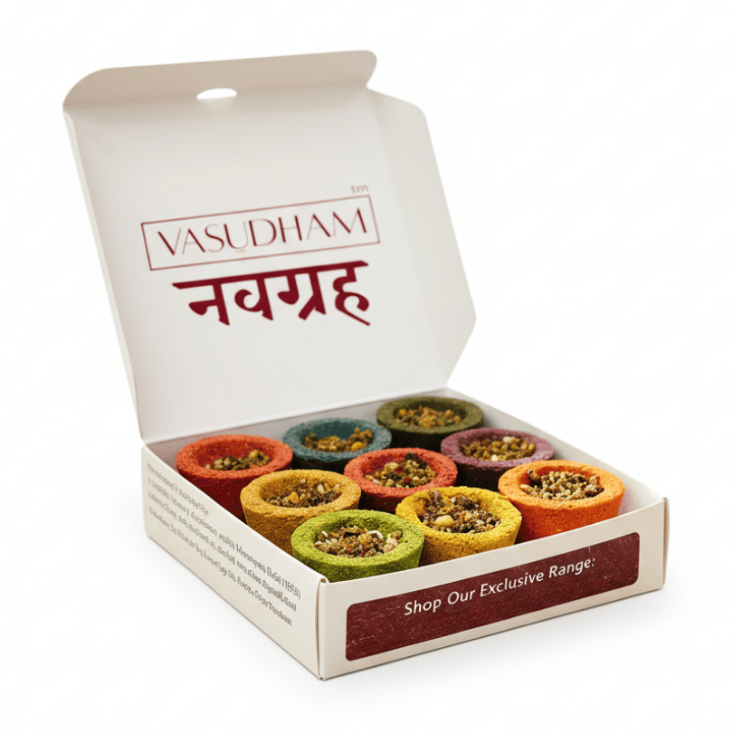 An open white cardboard box of Vasudham Nagraha sweets, showing multiple colorful cylindrical sugar cones filled with nuts and dried fruits, set against a plain white background.