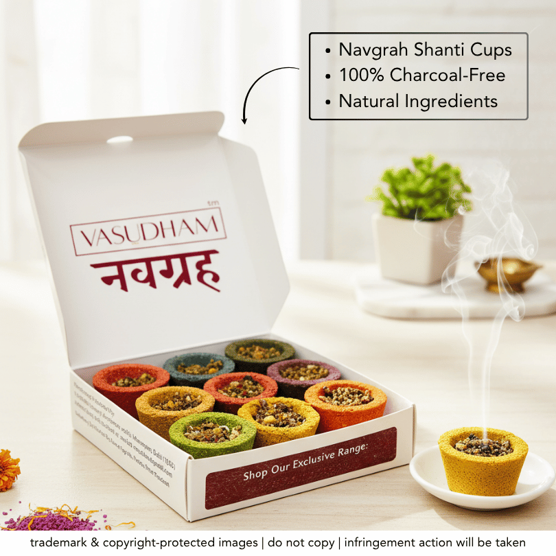 An open white Vasudham Navgrah shanti cup box showing nine colorful cups filled with herbal powder, alongside a single cup on a small plate with rising smoke. A text box highlights product benefits, and the scene is set on a light tabletop with a small plant in the background.
