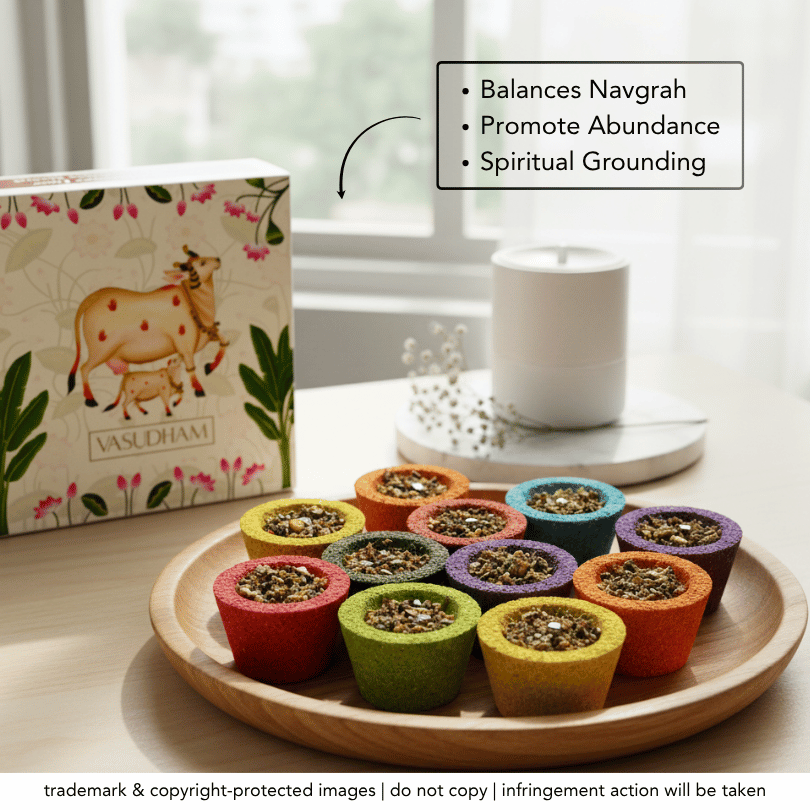 A set of colorful Vastu Shruti clay pots arranged on a wooden tray next to their decorative box, with a white candle and a text overlay detailing spiritual benefits.