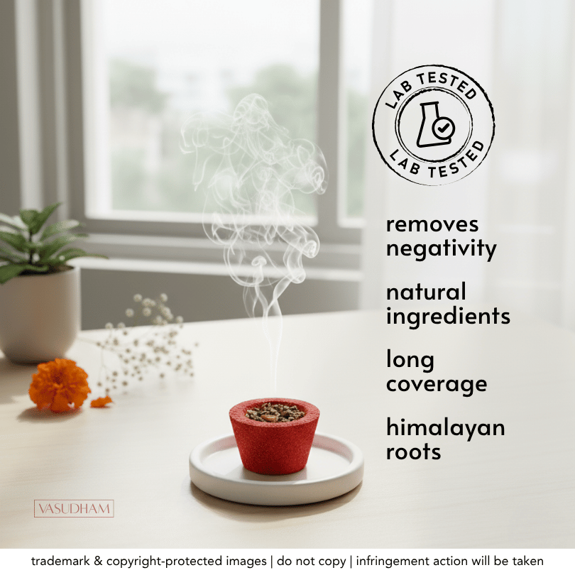 A small red incense holder on a white saucer with visible smoke rising, placed on a light tabletop near a window. Text on the right says the product is lab tested, contains natural ingredients, has long coverage, and includes Himalayan roots.