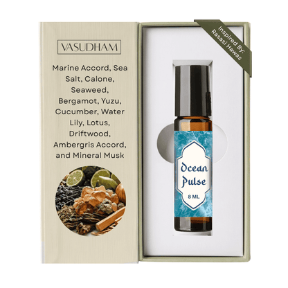 Vasudham Ocean Pulse 8ml rollerball perfume oil in its original packaging, featuring a beige textured box with a list of ingredients and a circular illustration of natural ingredients, next to the open box containing the amber glass bottle with a blue and white label.