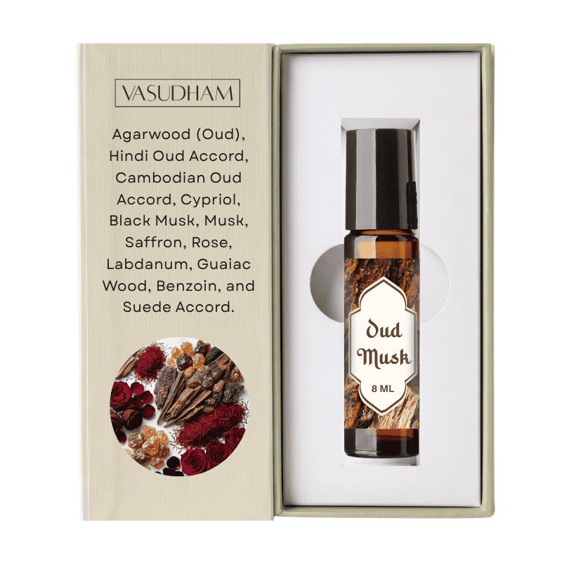 Vasudham Oud Musk Roll-On Perfume Amber Bottle with Beinge Box and Text