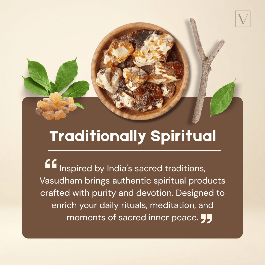A promotional graphic for Vasudham featuring a bowl of herbal paste, green leaves, and a Y-shaped twig on a beige background with a brown text panel that reads 'Traditionally Spiritual' and includes a quote about spiritual products.