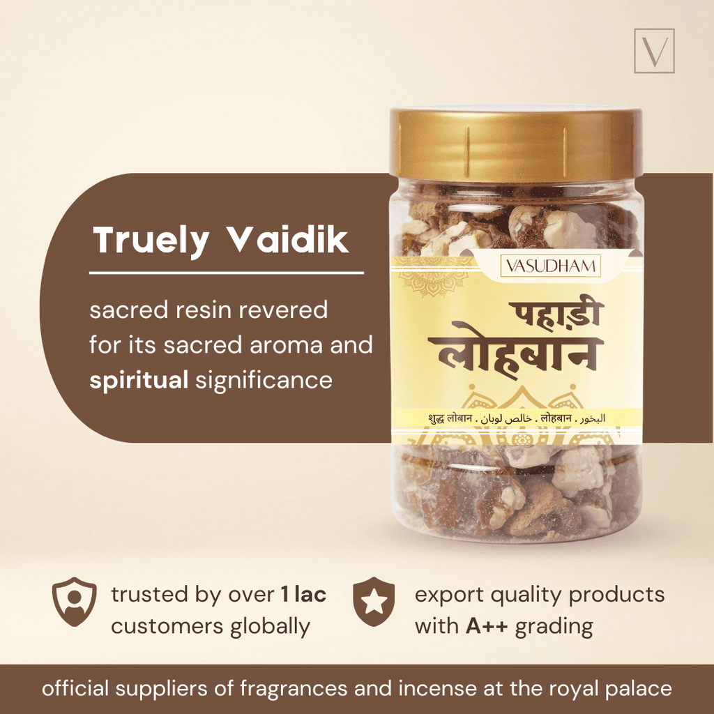 A jar of Vasudham Truely Vaidik incense sticks with a gold lid and cream label, shown on a beige background with promotional text overlays.