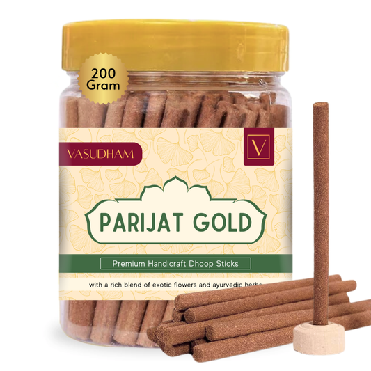 Jar of Vasudham Parijat Gold incense sticks with a yellow lid on a white background