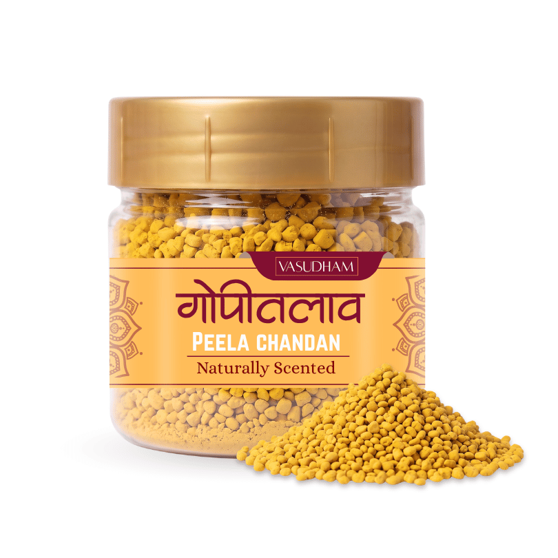 Jar of yellow chandan tilak with yellow cap and label gopitalav on it woth peela chandan text