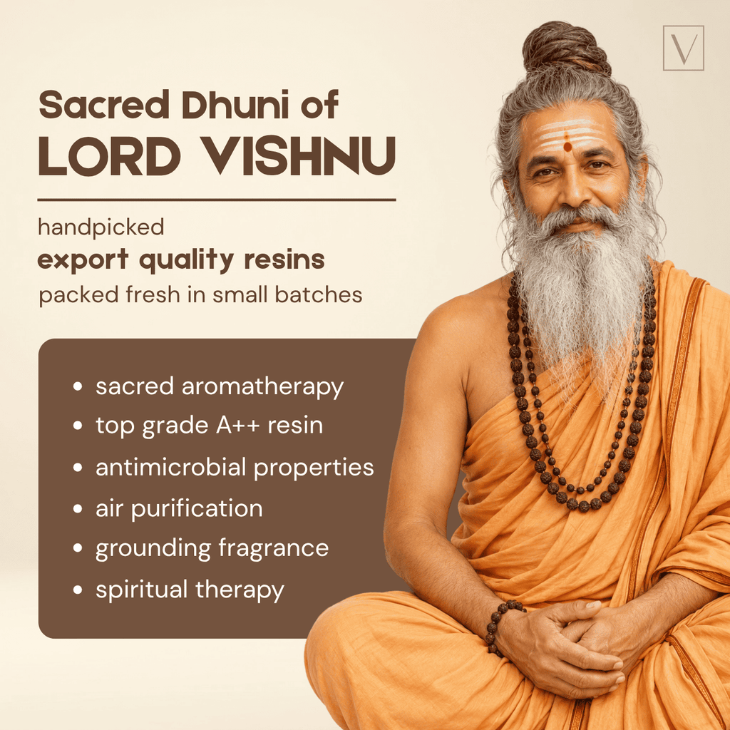Man in orange robes with beads, text about Lord Vishnu resins on a beige background