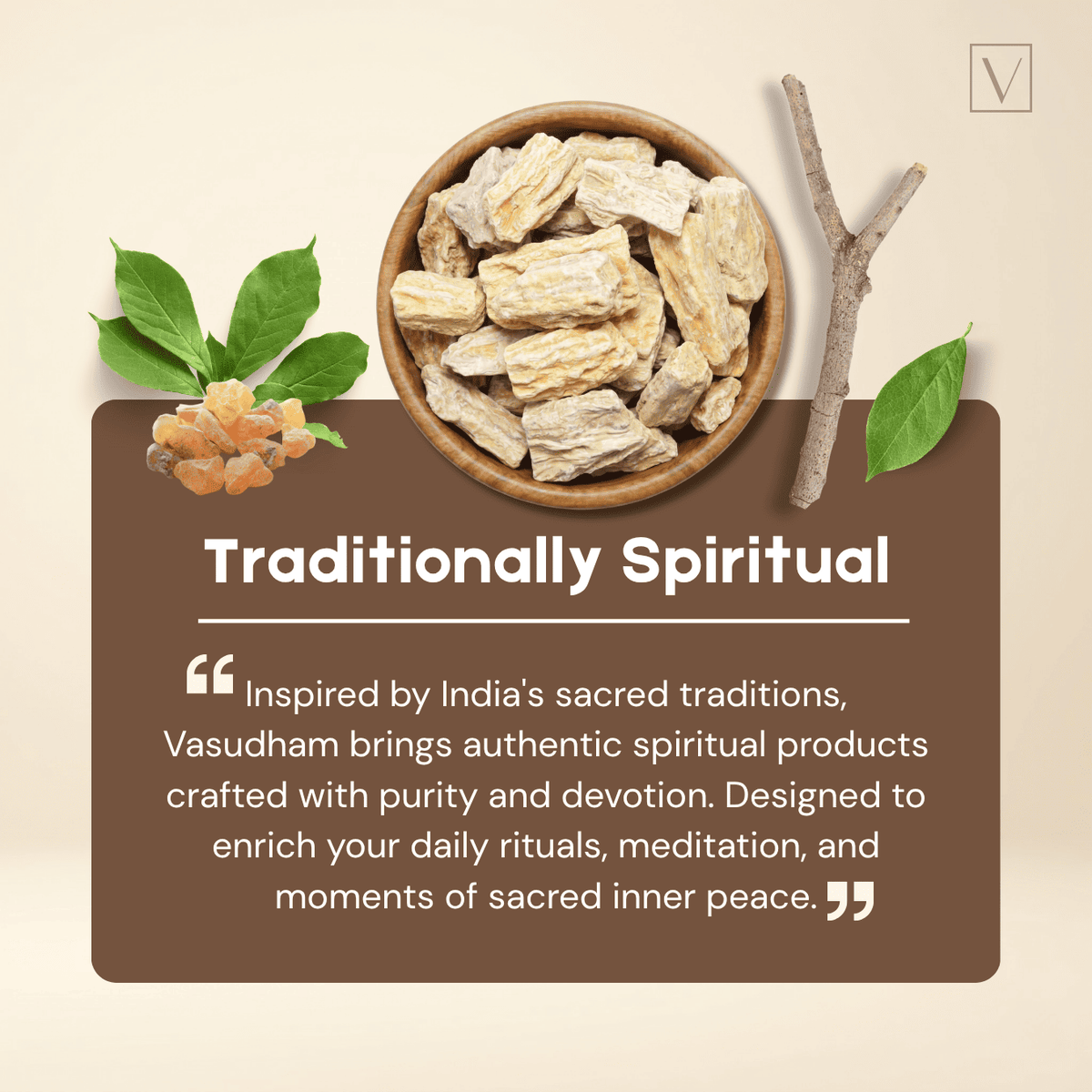 Wooden bowl with dried roots, leaves, and a branch on a beige background with text about Vasudham products.