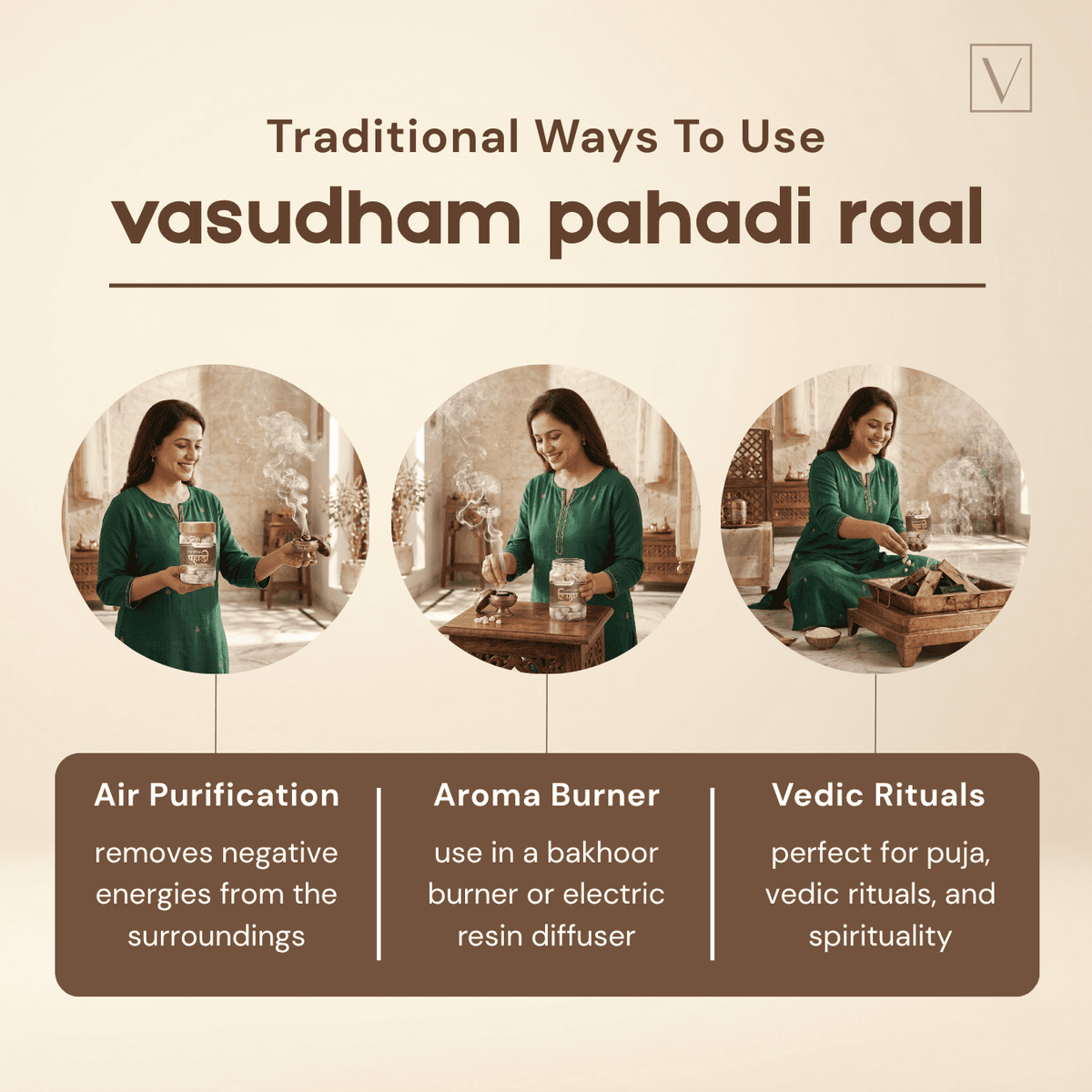 Instructions on using 'vasudham pahadi raal' for air purification, aroma burner, and Vedic rituals.