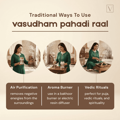 Instructions on using 'vasudham pahadi raal' for air purification, aroma burner, and Vedic rituals.