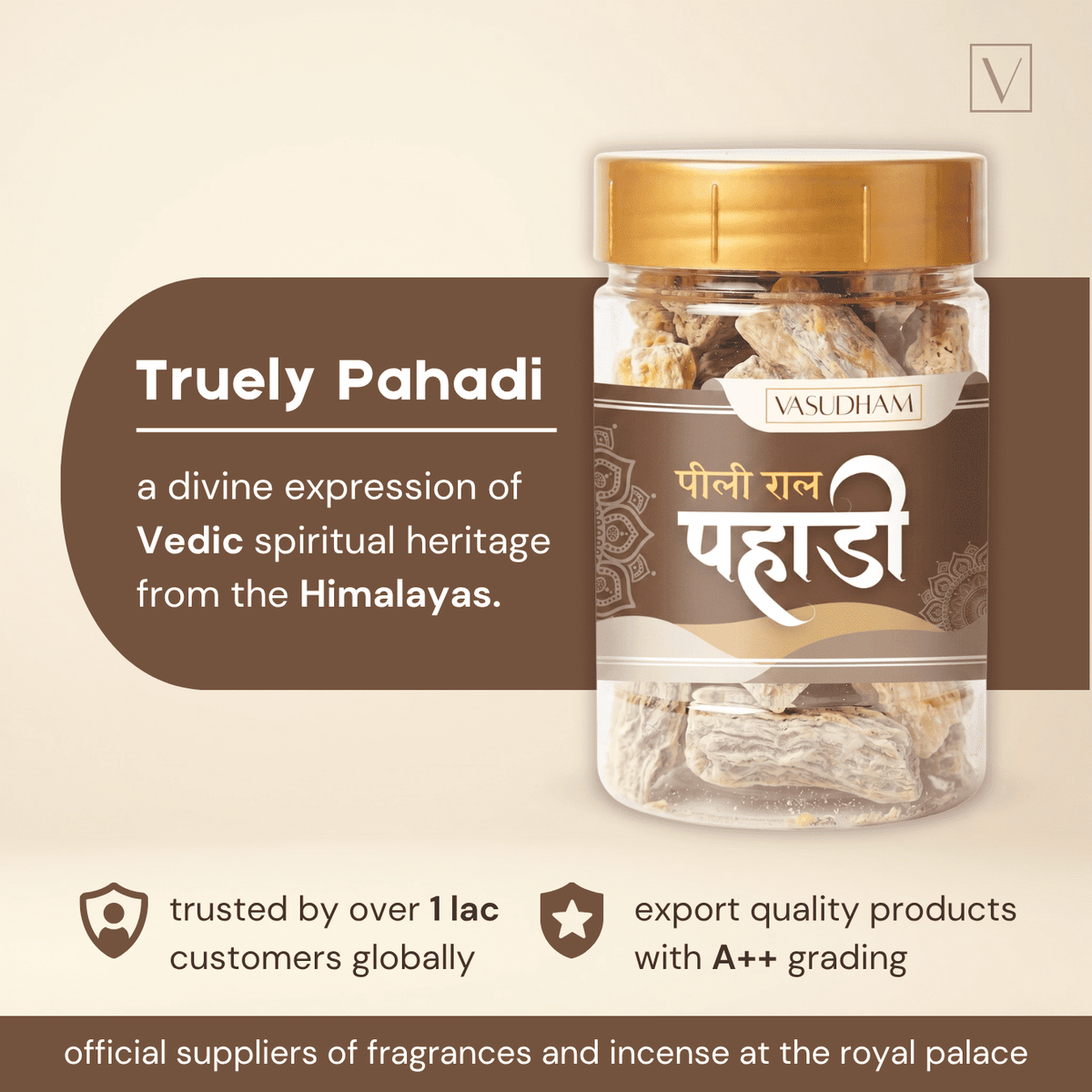 Jar of 'Truely Pahadi' with branding and product description on a beige background