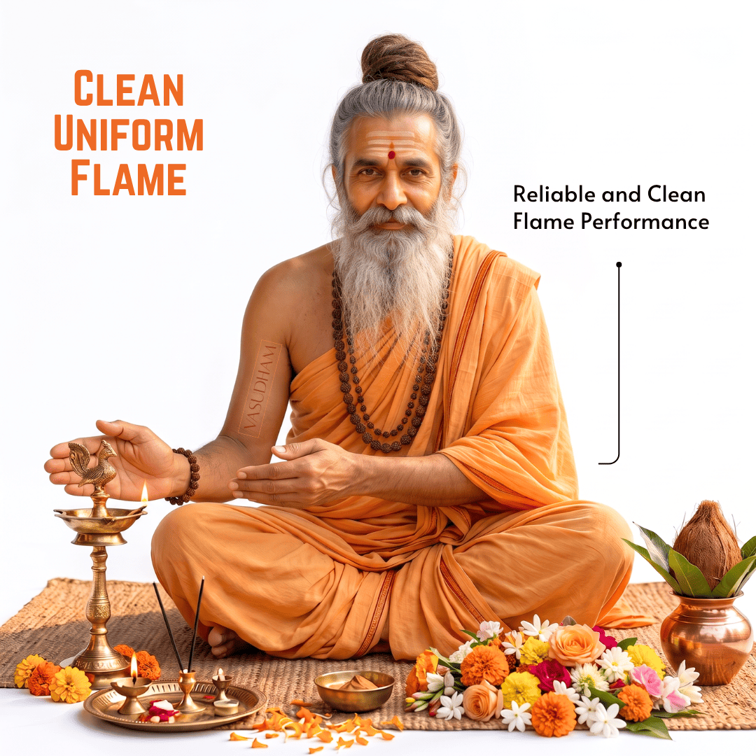 A seated man with a gray beard and hair in a bun, wearing an orange draped robe, is shown with lit oil lamps, flowers, and decorative props on a white background. Text reads 'CLEAN UNIFORM FLAME' and 'Reliable and Clean Flame Performance.