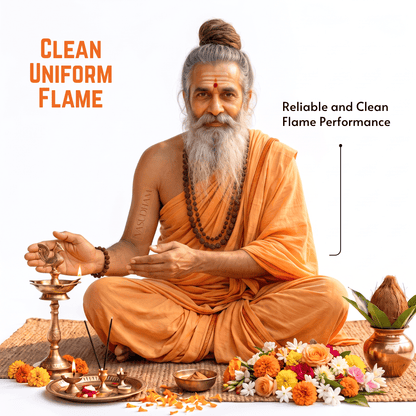 A seated man with a gray beard and hair in a bun, wearing an orange draped robe, is shown with lit oil lamps, flowers, and decorative props on a white background. Text reads 'CLEAN UNIFORM FLAME' and 'Reliable and Clean Flame Performance.