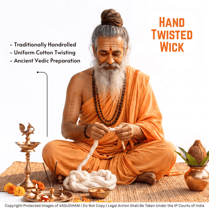 A bearded man in an orange robe sits cross-legged on a woven mat, handling a bundle of white twisted wool fibers. The scene includes brass lamps, incense, and a copper pot, with text reading 'HAND TWISTED WICK' and additional product feature callouts on a white background.