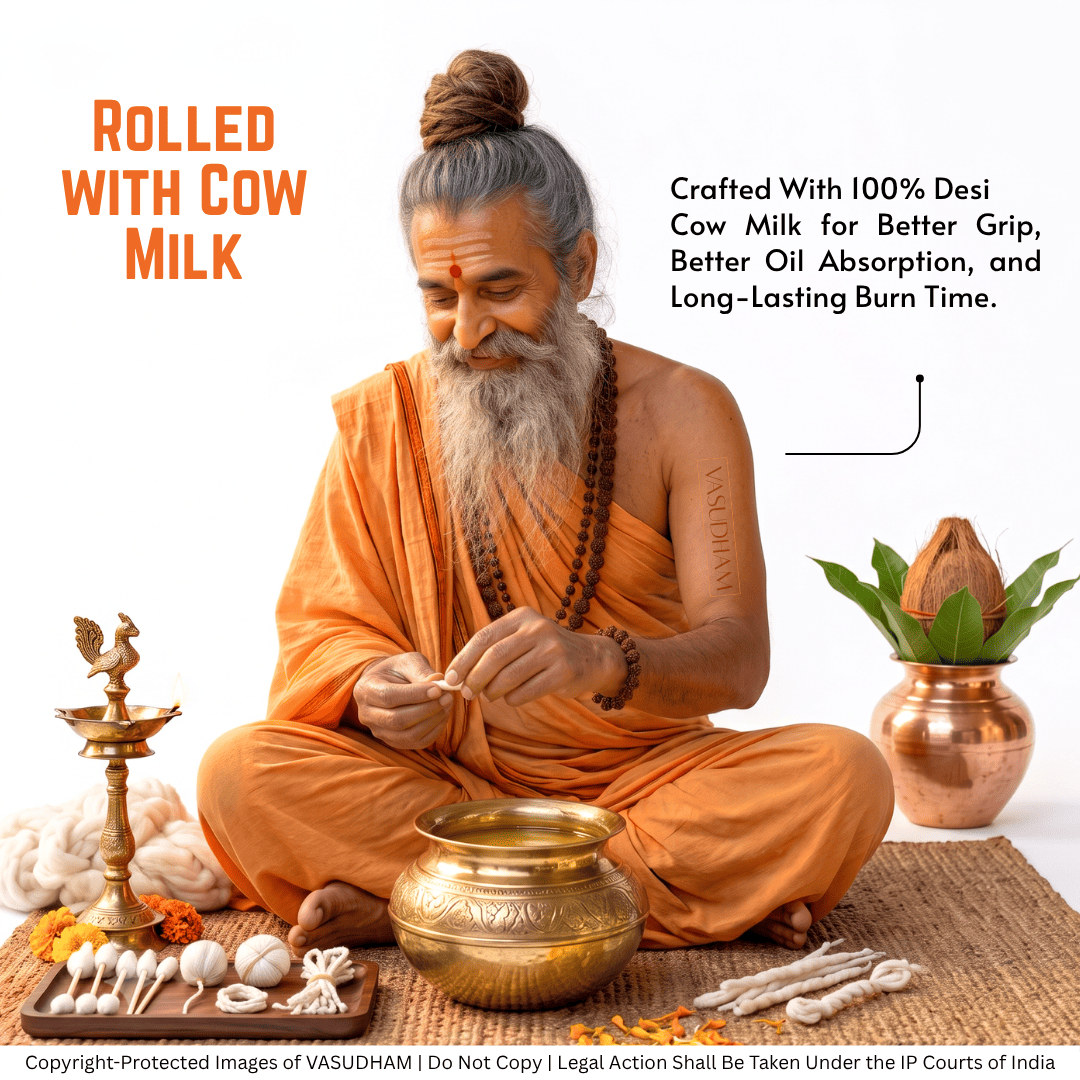 An elderly man with a gray beard and hair in a bun sits cross-legged on a woven mat, wearing an orange sash and handling a rolled cloth. The scene includes Devanagari text about rolled cow milk, a brass pot, a brass lamp, cotton pads, and a copper pot with a coconut on a white background.