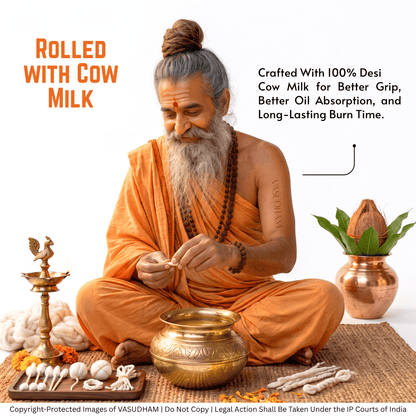 An elderly man with a gray beard and hair in a bun sits cross-legged on a woven mat, wearing an orange sash and handling a rolled cloth. The scene includes Devanagari text about rolled cow milk, a brass pot, a brass lamp, cotton pads, and a copper pot with a coconut on a white background.