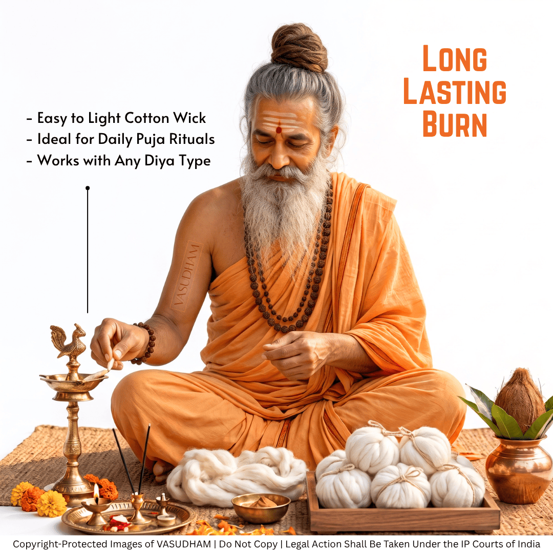 A bearded man in an orange robe sits cross-legged on a mat, performing a ritual with brass oil lamps, incense sticks, cotton wicks, and white wick bundles. Text on the image highlights the wick's long-lasting burn quality, with a copyright notice at the bottom.