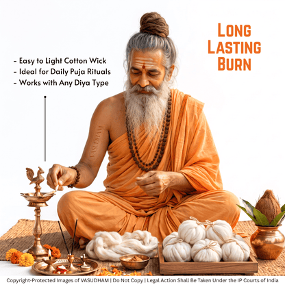 A bearded man in an orange robe sits cross-legged on a mat, performing a ritual with brass oil lamps, incense sticks, cotton wicks, and white wick bundles. Text on the image highlights the wick's long-lasting burn quality, with a copyright notice at the bottom.