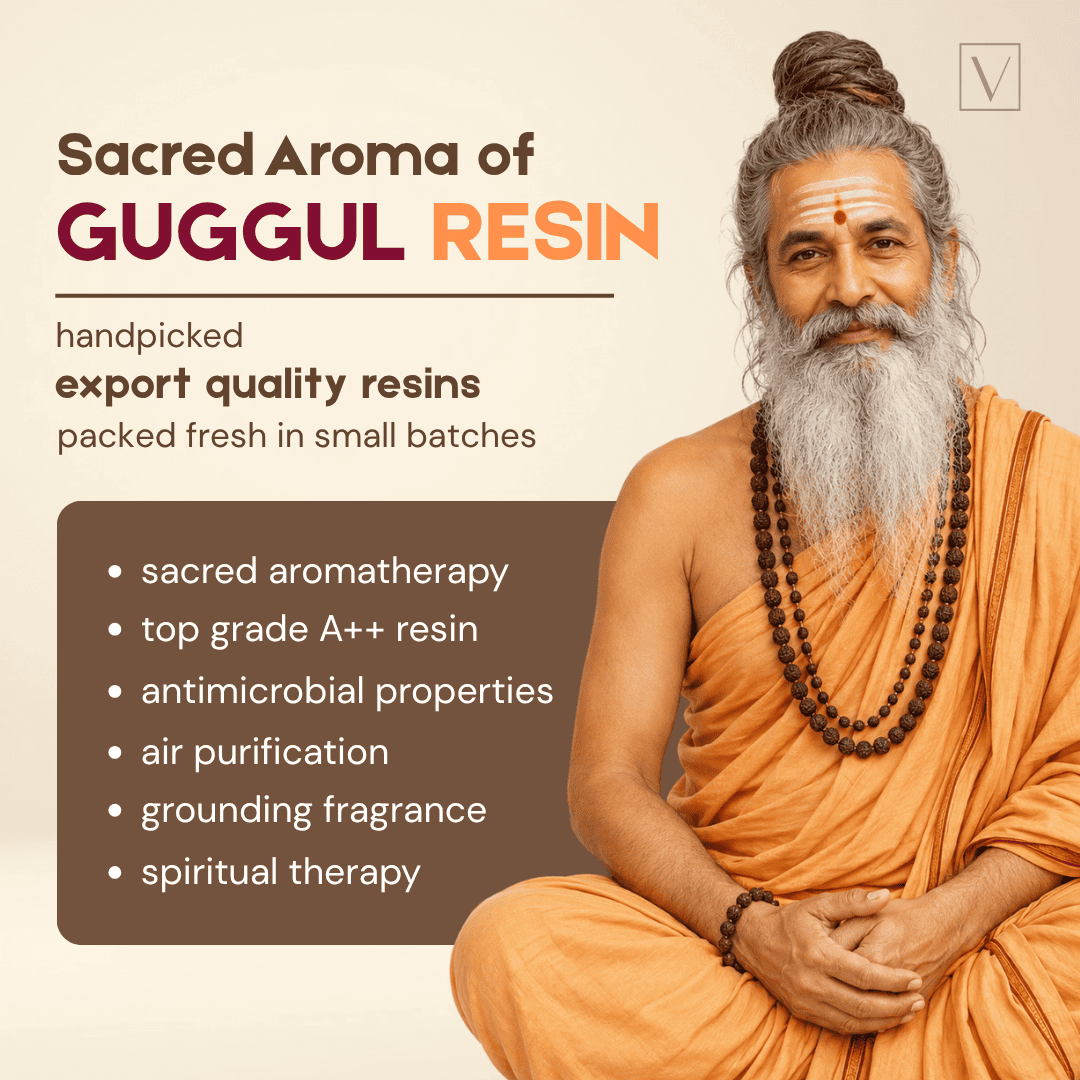 Promotional graphic for Sacred Aroma of Guggul Resin, featuring a seated bearded man in orange robes with a necklace of dark brown beads on a beige background with text detailing the product's benefits for sacred aromatherapy and spiritual therapy.