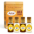 Vasudham Attar Gold Standard perfume oil set, featuring a golden-orange box and four small glass bottles with gold caps labeled Musk Gold, Amber Musk, Musk Kasturi, White Musk. 